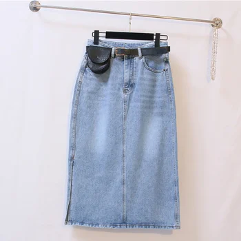 

Vintage Split Casual Women Jeans Skirts Belt With Bag A-line High Waist Female Denim Skirt 2020 Spring Summer Pockets Lady Skirt