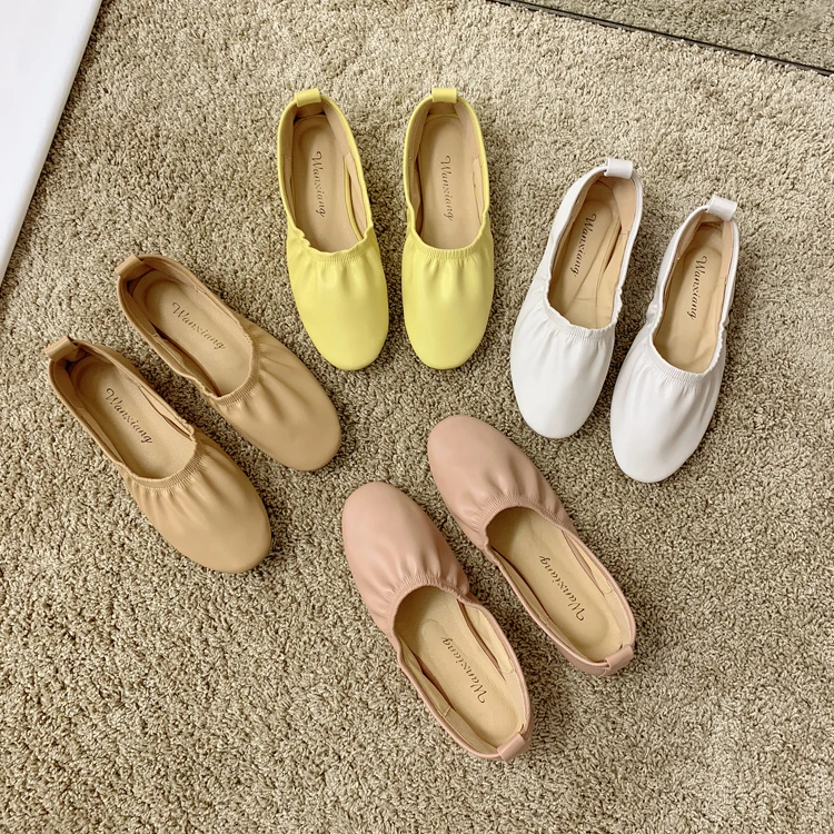 Brief solid leather flats pleated soft bottom round toe comfy shoes woman fresh elastic moccasins slip on shallow lazy loafers