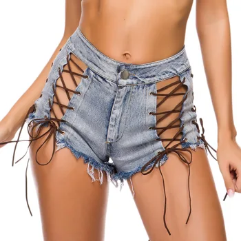 

Sexy Lace Up Shorts 2019 New High Waist Bandage Denim Ripped Hole Short Jeans Women Mini Skinny Shorts Fitness Female DK097S30