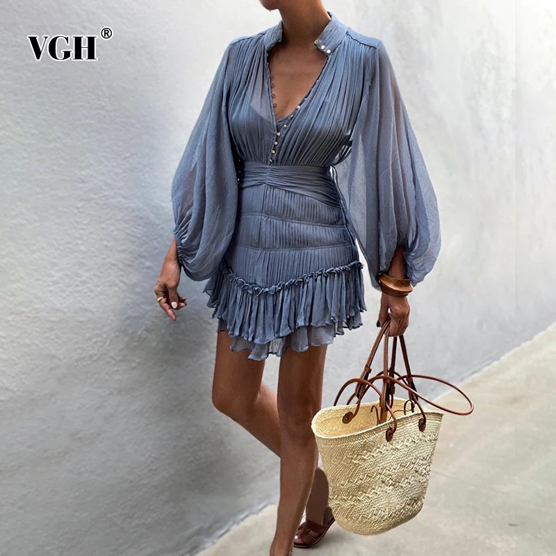 

VGH Temperament Fold Pleated Mini Dress For Women V Neck Puff Long Sleeve High Waist Button Slim Mesh Dresses Female 2021 Style