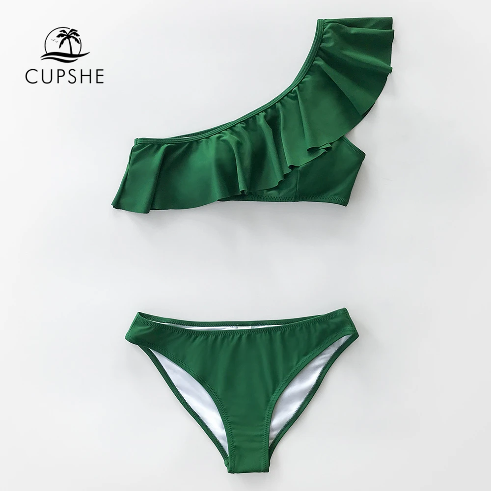 

CUPSHE Solid Green Ruffled One-Shoulder Bikini Sets Sexy Low-waisted Swimsuit Two Pieces Swimwear Women 2019 Beach Bathing Suits