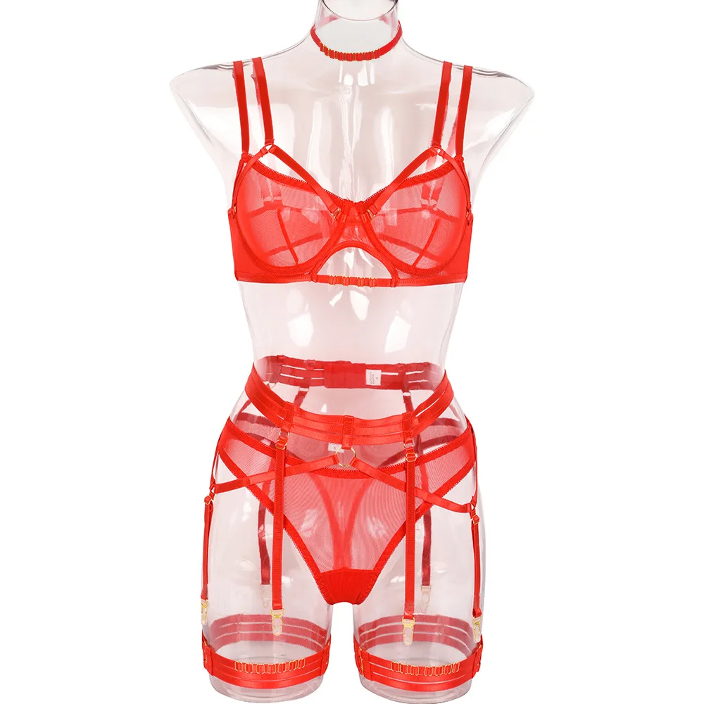 underwear set Dvicky Strap Bra Set Hot Red Cage Erotic Women's Lingerie See Through Lace Bandage Thong Panties Sexy Underwear Exotic Apparel panty sets