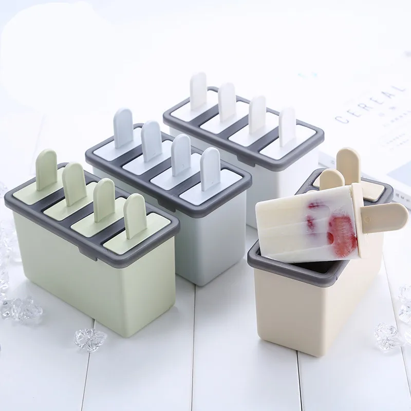 

Reusable Home DIY Ice Cube Maker Mold Popsicle Making Mold 4 Cells Ice Cream Sticks Molds With Cover Tray Popsicle Kitchen Tool