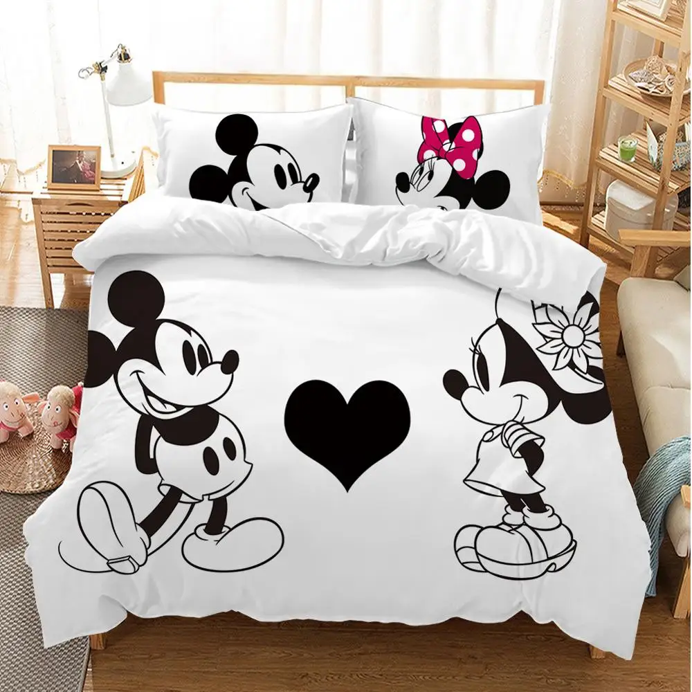 Black and white Cartoon Mickey Minnie Bedding set Bedclothes Duvet Cover Pillowcase Print Home Textile Bed Linens Children gift