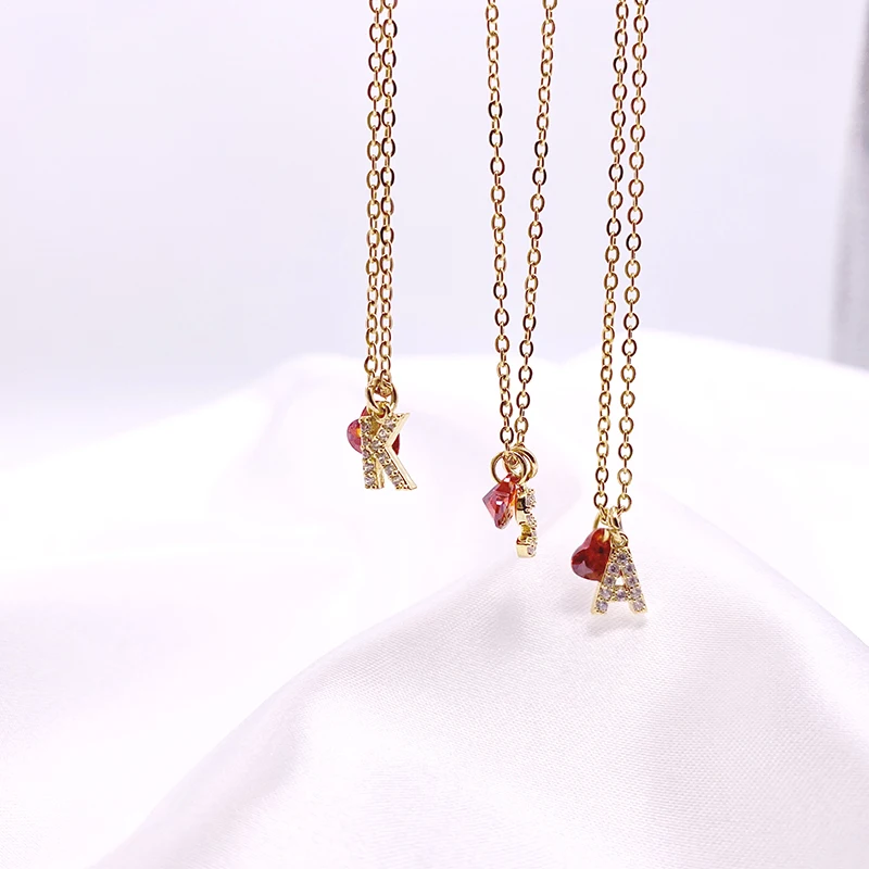 Fashion Tiny Red Stone Heart Dainty Initial Necklace Gold Color Letter Name Choker Statement Necklace For Women Pendant Jewelry