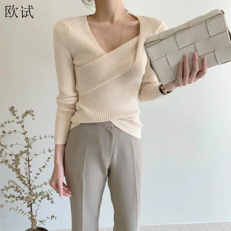 

Irregular Knitted Striped Sweater Women Autumn Office Ladies Pullovers Casual Korean Style Sweaters Sueter Pull Femme 2020