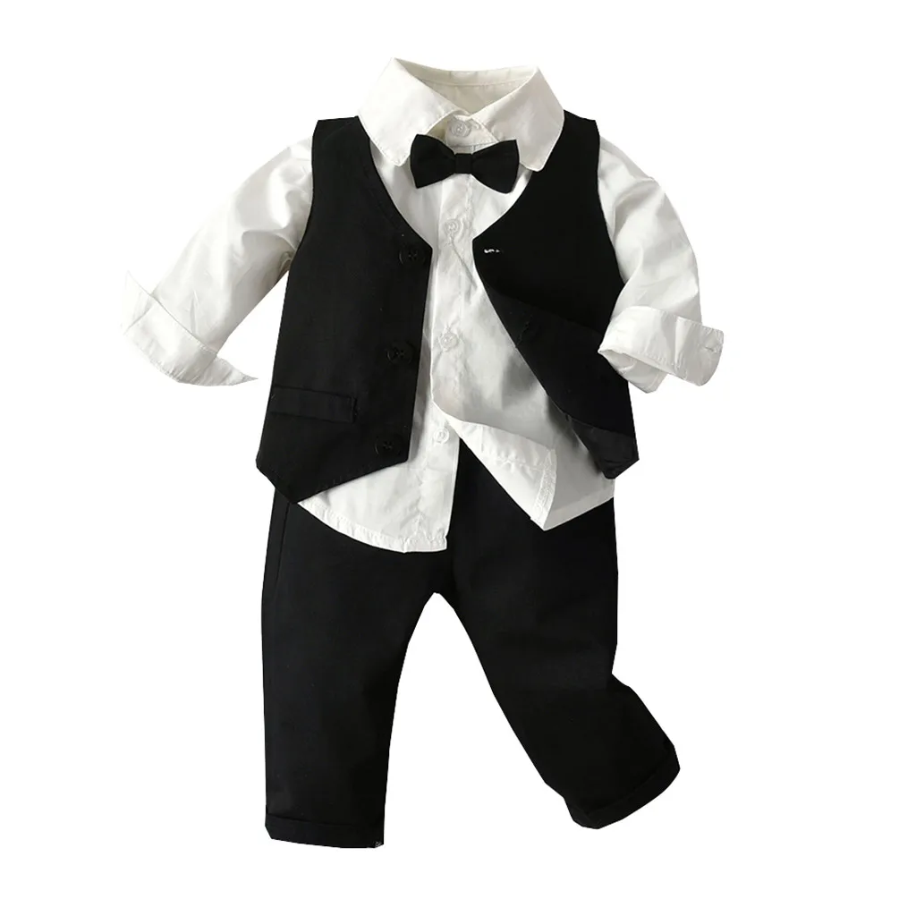 

Toddler Baby Boys kids clothes Gentleman Bow Tie T-Shirt Plaid Solid Waistcoat+Pants Outfit roupa infantil children clothes 2019