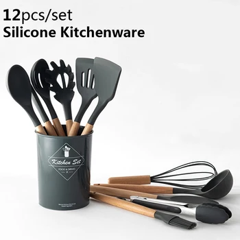 

12PCS Silicone Kitchenware Wood Handle Black Nonstick Pan Silica Gel Cooking Spoon Shovel Household Kitchen Tools 3 Colors