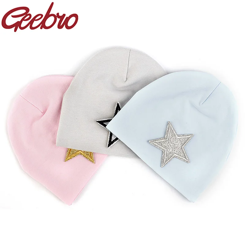 

Geebro блестки звёзды ранняя Весенняя Зимняя Теплая эластичная хлопковая детская шапка однотонная Милая шапочка для маленьких девочек и мальчиков