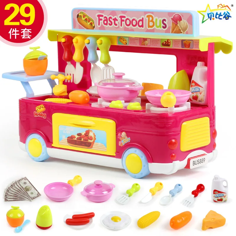 

Children Small Kitchen Kitchenware Toy Little Girl Play House Model Bus Baby Sound And Light Food Trucks 2-3-6-Year-Old