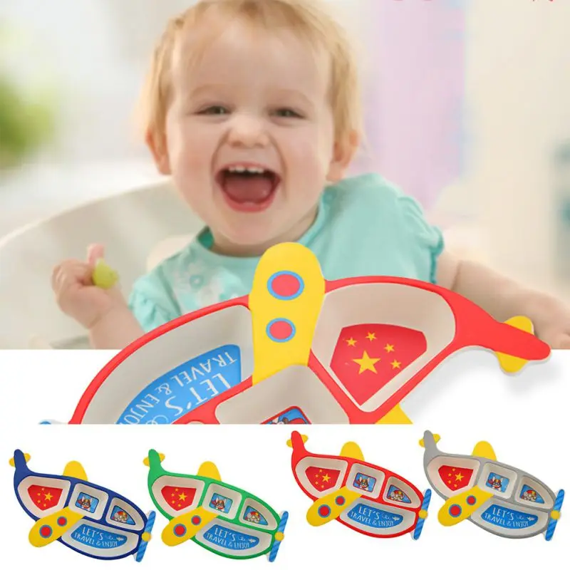 Забавная разделенная столовая посуда для малышей, милая Нескользящая тарелка в форме самолета, миски+ ложка+ Forkk