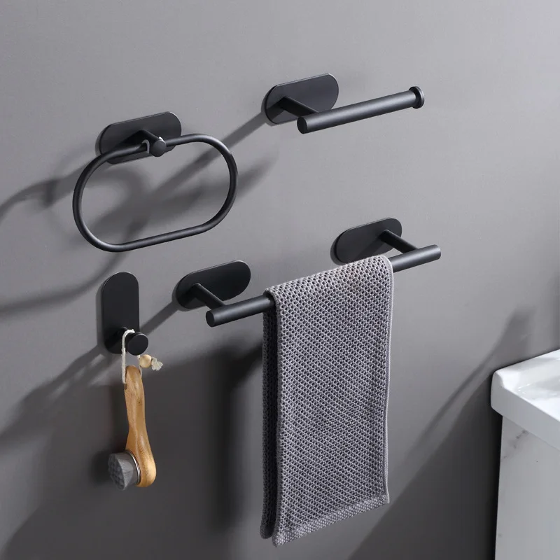 H518a0f92aea64bbfabc20779c644bdebG No Drilling Stainless Steel Self-adhesive Towel Bar Paper Holder Robe Hook Towel Ring Black Silver Gold Bathroom Accessories Set