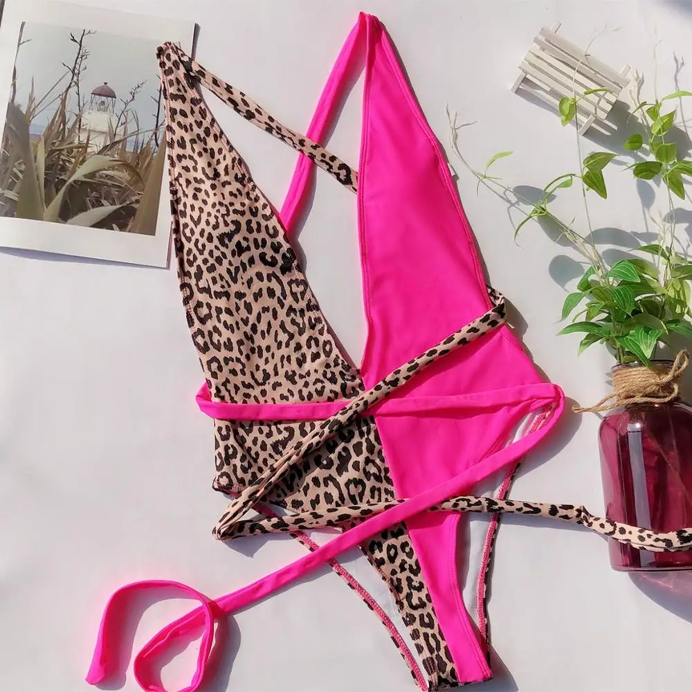 2020 European and American new AliExpress eBay one-piece bikini leopard print hollow strap swimsuit YY-40 | Спорт и развлечения