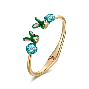 

Tuliper Cute Animal Rabbit Bangle Bunny Bracelet For Women Enamel Flower Cuff Party Jewelry Gift 팔찌 Korean Fashion Green Gold