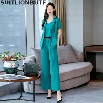 

Perfect Quality 2020 Spring 3 Piece Set Women Suit Short Sleeve Solid Camisole Ropa Mujer Elastic Waist WedLeg Pants OL Suit Set