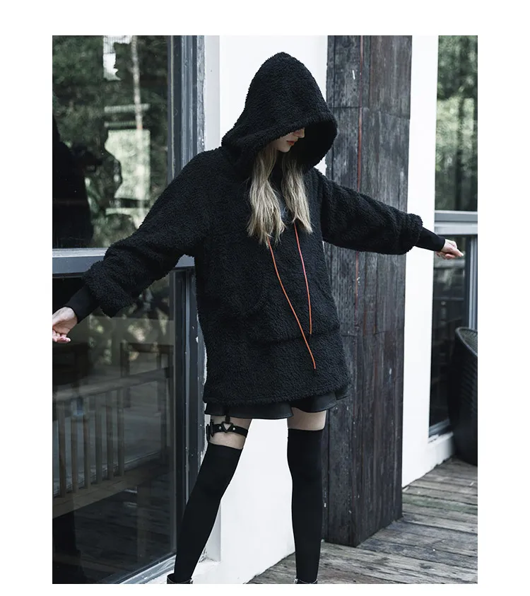 Панк рейв девушка инопланетянин аппликация шнурок длинные замшевые толстовки готика, Харадзюку зимняя теплая черная женская одежда