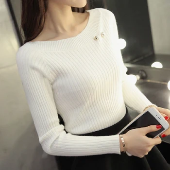 

Autumn Winter Women Ladies Long Sleeve Boat Neck Slim Knitted Sweet Sweater Top Femme Korean Pull Tight Shirts Jumper