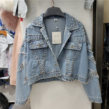 

2020 Spring Heavy Handmade Beaded Loose-Fit Cropped Denim Jacket Women's New Loose Casual Jacket Girls Ladies Street Jean Jacket
