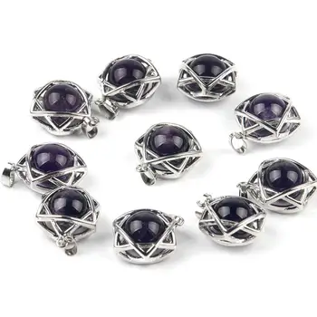 

10pc Natural Stone Six-pointed Star Pendant Hollow Smart Amethyste Ball Pendulum Purple Healing Reiki Chakra Decor Crystal