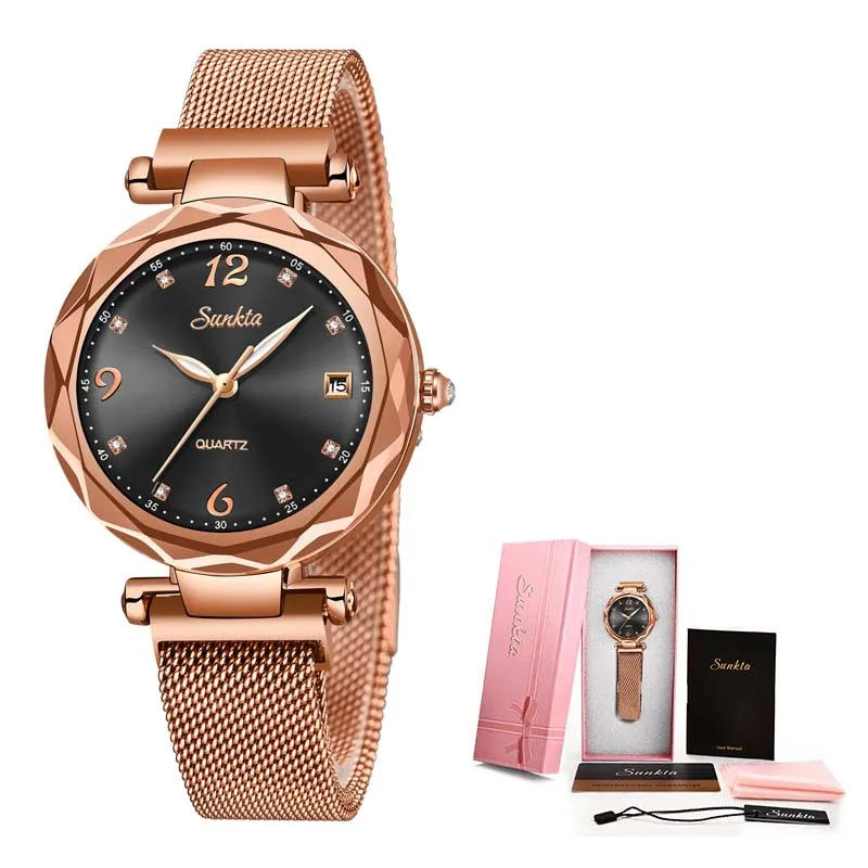 SUNKTA, роскошные женские часы, магнитные женские часы, кварцевые наручные часы, модные женские часы, reloj mujer relogio feminino+ коробка - Цвет: Rose gold black
