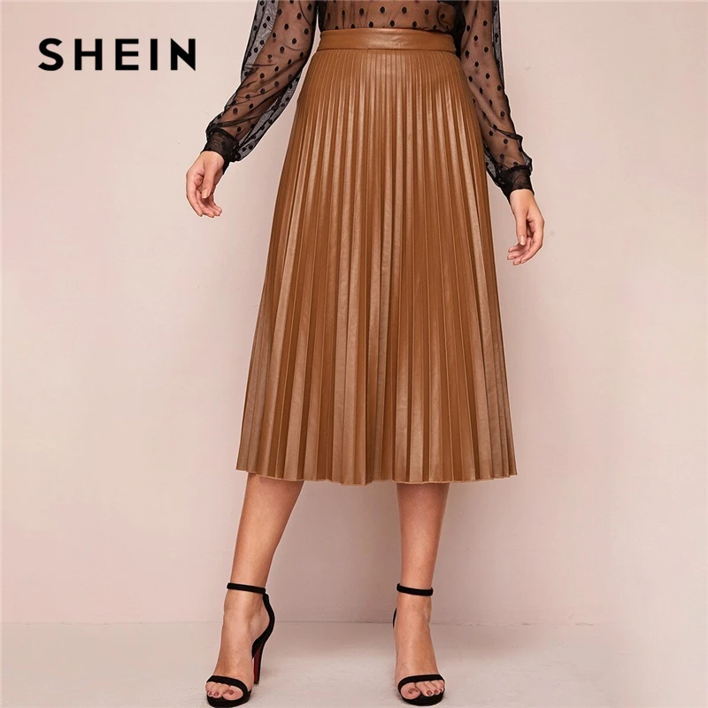 Женская плиссированная юбка SHEIN элегантная однотонная кожаная миди с высокой