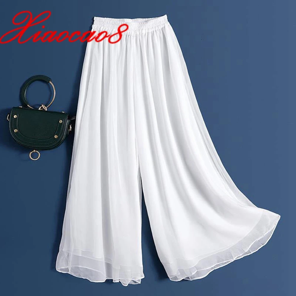 Pantalones de pierna ancha de gasa para mujer, falda de cintura alta de gran tamaño, pantalones sólidos elegantes, ropa blanca y negra para mujer 2021