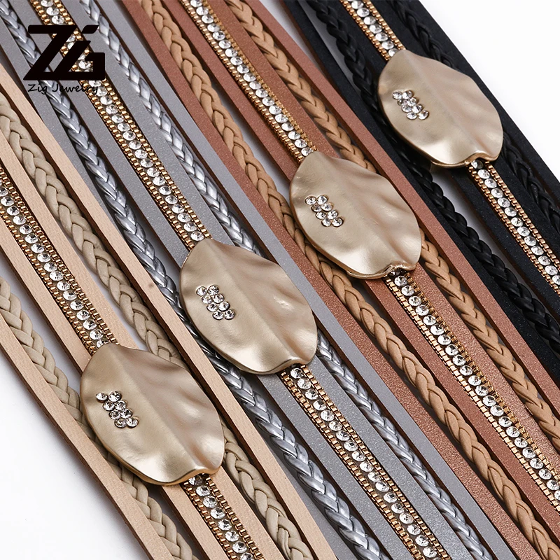 ZG Многослойный кожаный браслет женский Овальный металлический Шарм Кристалл Femme обёрточная бумага широкие браслеты и браслеты для женщин ювелирные изделия