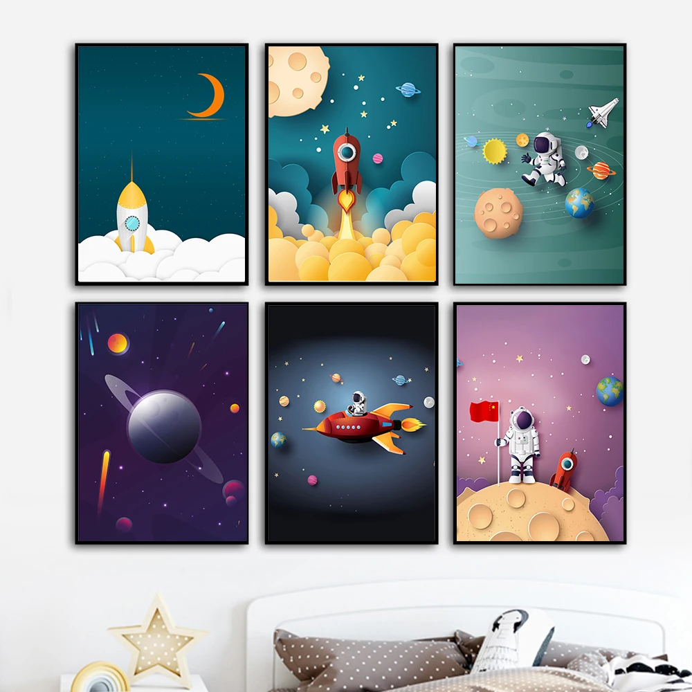 Airplane-Vehicle-Car-Nursery-Canvas-Poster-Print-Wall-Art-Canvas-Spaceship-Picture-Painting-Astronaut-Rocket-Boy