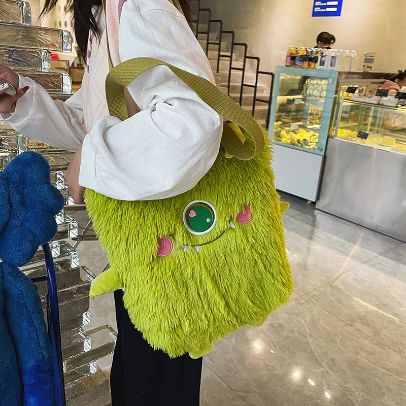 Winter Soft Plush Shoulder Bag Women Cute Little Monster Embroidery Handbags Faux Fur Women Bags Student Book Bag Shopper Bag handbags