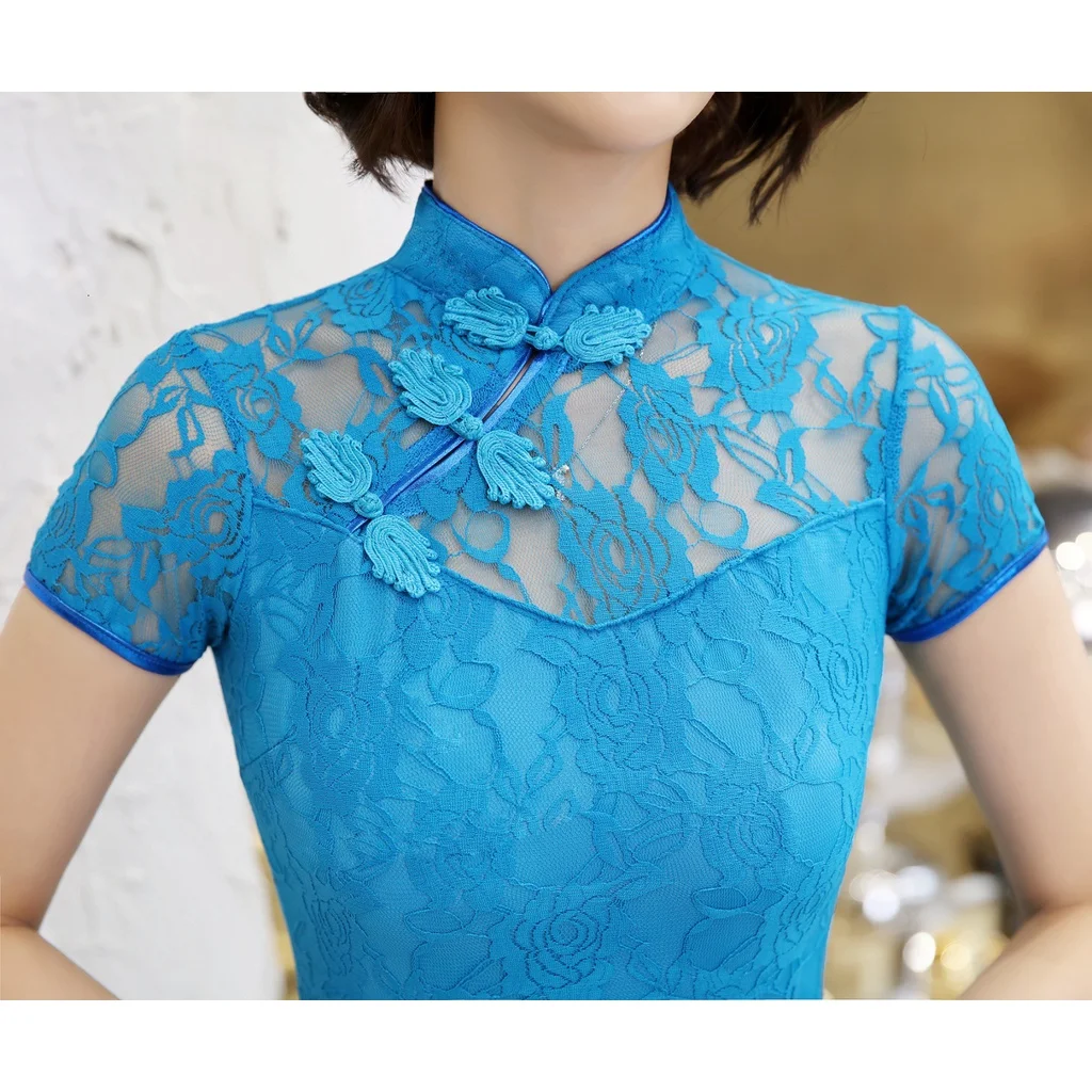 New Lace Blue Cheongsam Elegant Women Slim Vintage Long Dress Chinese Traditional Dresses Sexy Qipao S To 5XL