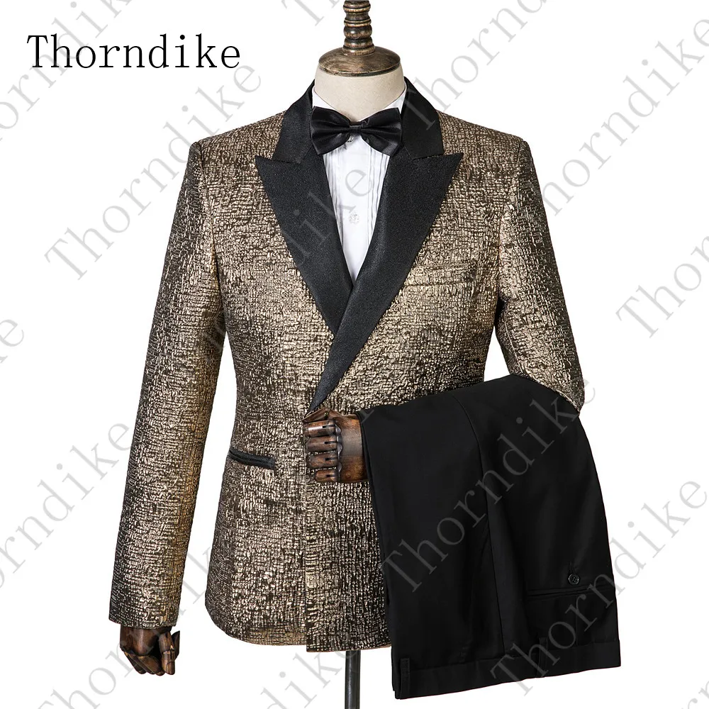 Thorndike/Новинка года, золотой жаккардовый мужской костюм, приталенный двубортный смокинг с острым углом для свадьбы, блейзер для церемоний и вечеринок+ жилет+ брюки