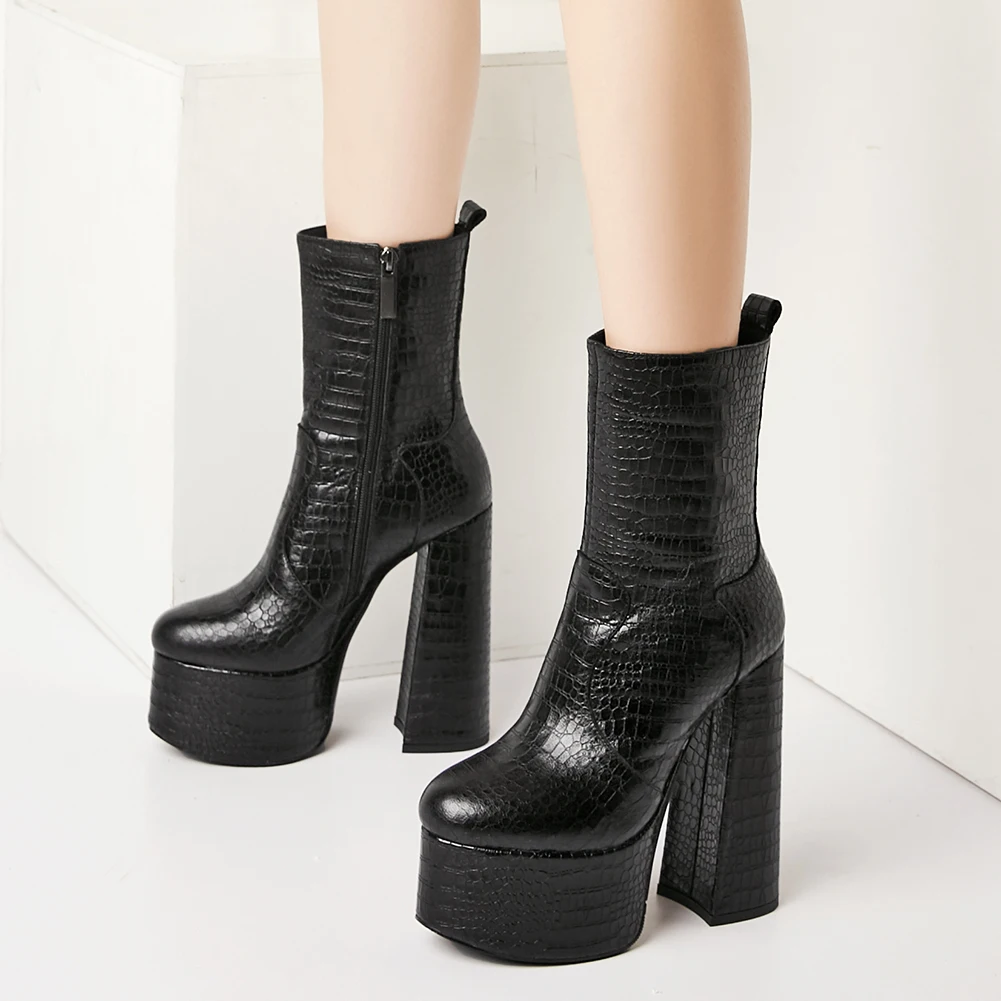 RIBETRINI Brand Design Platform Boots For Women Genuine Leather Shoes Woman Thick Heel Round Toe Platform Mid Calf Boots Women