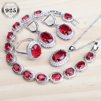 

Silver 925 Bridal 2020 New Jewelry Sets Red Zircon Stones Earrings For Women Wedding Jewelry Rings Bracelet Necklace Set
