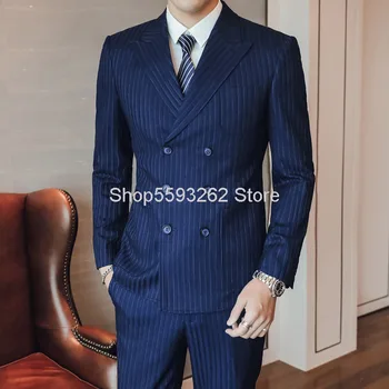 

Men Suit Suit Business Leisure Suit Three-piece Set Groom Marriage Dress Suit Male Stripes Slim Fit 6036