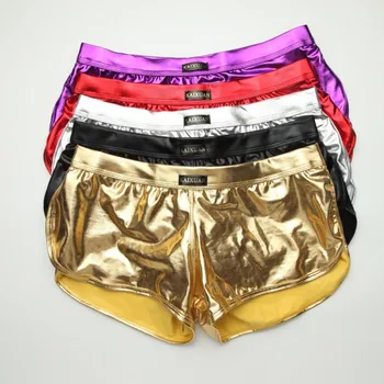 

WJ Shinny Men Boxer Underwear Pouch U Convex Boxershorts Faux Leather Panties Wetlook Bikini Swim Trunks Underpanties Nylon S-L