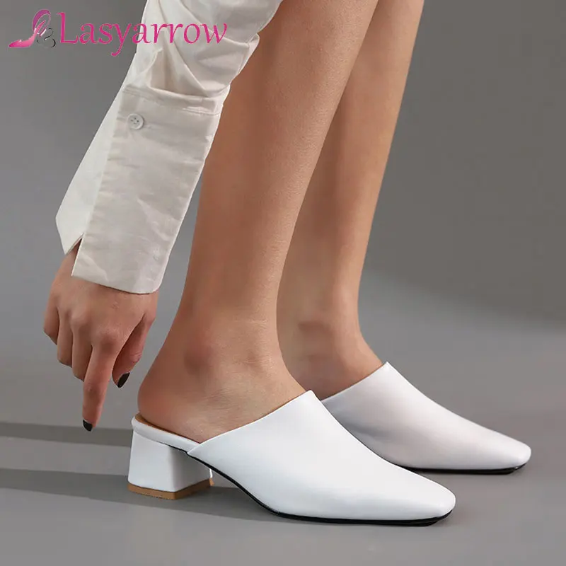 Lasyarrow-zapatillas de tacón alto con punta cuadrada para mujer, Zapatos blanco negro, informales, sin cordones, para fiesta, Verano