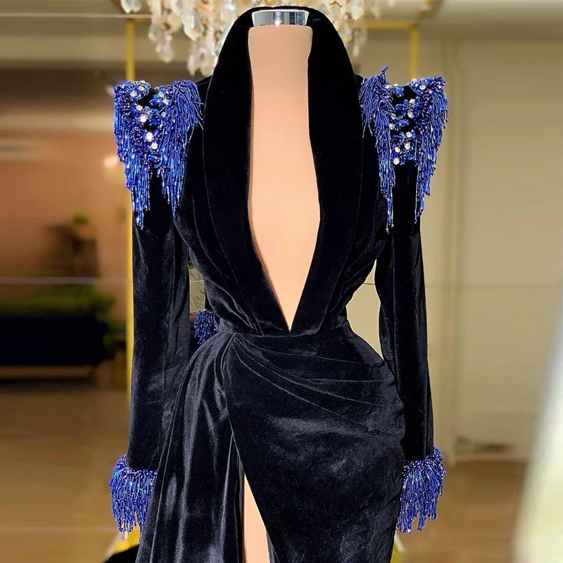 Eightale Caftan Evening Dress Kaftan Velvet Black and Blue Arabic Dubai Beaded Long Sleeves High Side Split Prom Party Dress