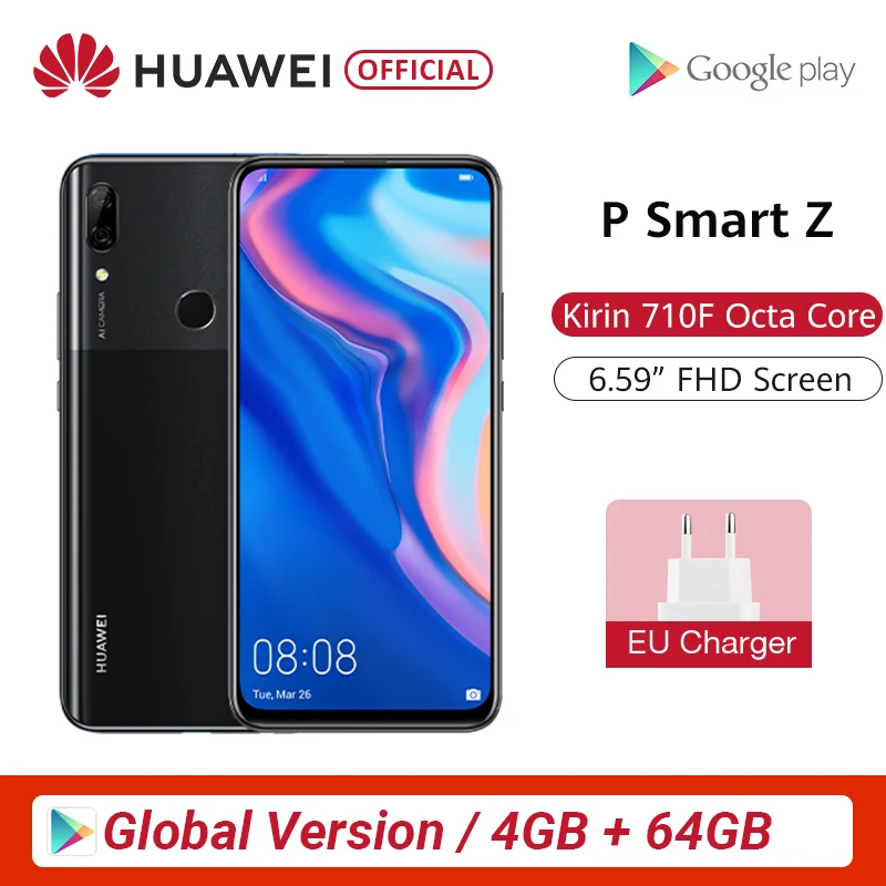 Huawei P Smart Z с глобальной версией, 4 ГБ, 64 ГБ, восьмиядерный смартфон Kirin 710F, авто всплывающая фронтальная камера, 6,59 дюйма, поддержка мобильного телефона NFC