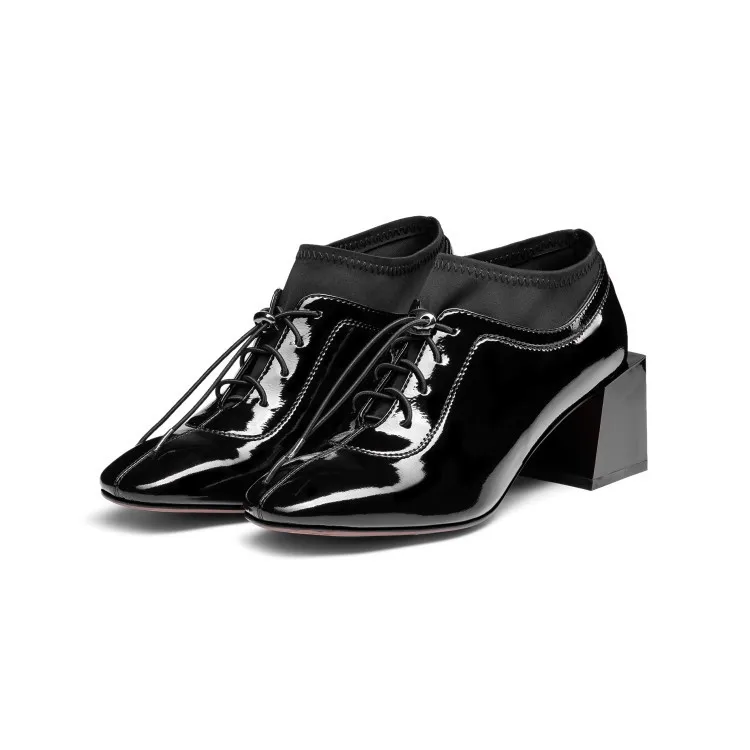 

Full-grain Leather Front Elastic Decoration Chunky Semi-high Heeled WOMEN'S Shoes Spring And Autumn Fashion New Style Trend Deep