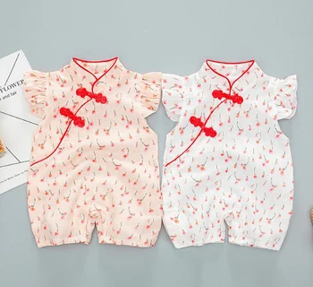 

Newborn girls summer short sleeve jumpsuit Chinese style printed flower crawling cotton