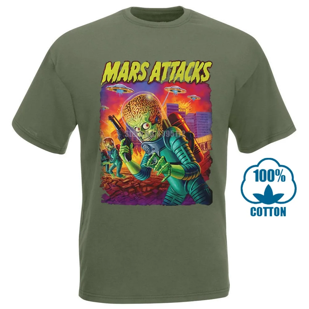 Mars Attacks Movie Мужская футболка атакующий инопланетянин с блюдцем заполненное небо - Цвет: Армейский зеленый