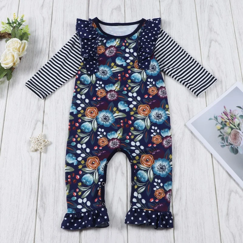 

Fashion Baby Girl Romper Flower Print Patchwork Striped Ruffles Long Flying Sleeve Baby Jumpsuit Baby Girl Clothes Winter 0-18M