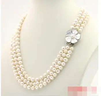 

free shipping WUBIANLU 3 Row 7-8mm White Freshwater Pearl Necklace Chain Floral Buttons Jewelery Women Girl Banquet 17-19 Inch