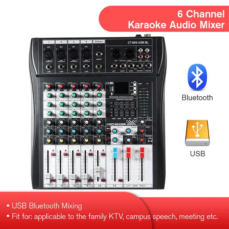 LEORY 6 канальный караоке аудио микшер с USB 48 В фантомное питание bluetooth