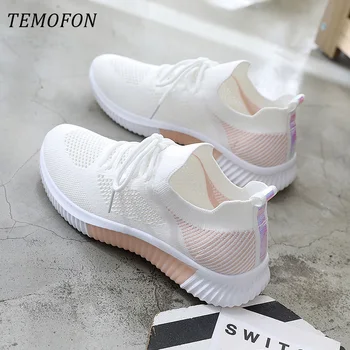 

TEMOFON Fashion women sneakers casual shoes lace up breathable mesh sneakers chunky socks shoes women basket femme 2020 HVT1128