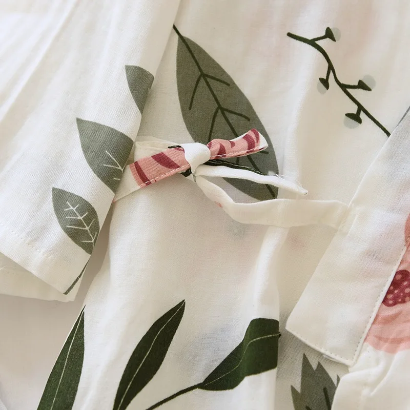 Women Pajamas Set Rose Printed Ladies Kimono Style Loose Thin V-Neck Three-Quarter Sleeves Gauze Cotton 2Pcs Sleepwear Loose Homewear women pajamas set women pajama suit