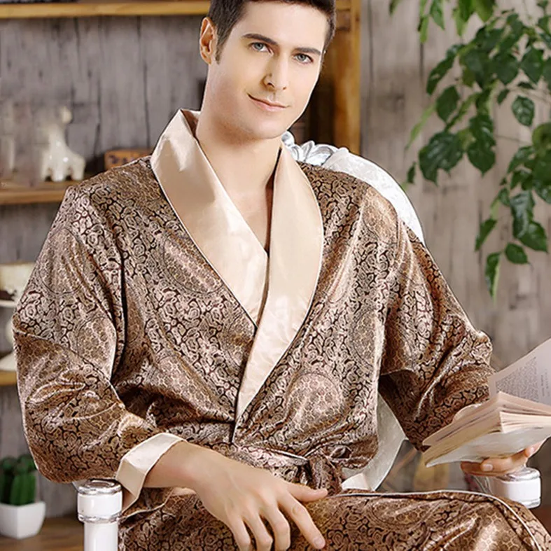 Men's Robe Nightgown Satin Kimono Bathrobe Gown Casual Sleepwear Plus Size Print Gold Home Dressing Gown 3XL 4XL 5XL print satin 4pcs pajamas set lady bathrobe intimate lingerie casual kimono gown pyjamas sexy nightwear sleepwear home clothes