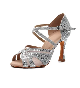 

Silver Blue Black Red Rhinestone Latin Dance Shoes Women Salas Ballroom Shoes Pearl High Heel 9cm Waltz Software Shoes Hot Sale