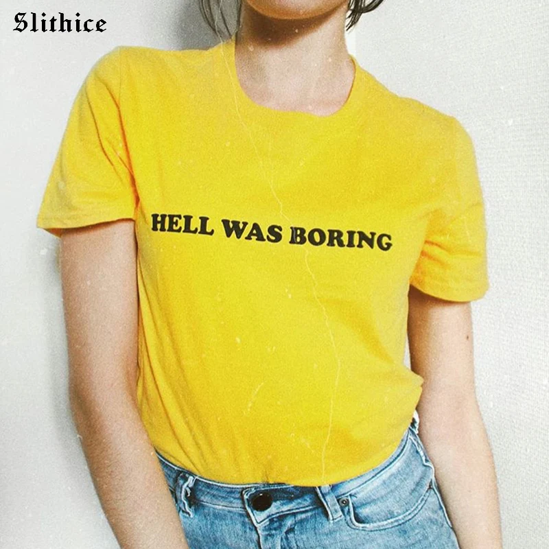 Slithice Summer T-shirts for women Cotton Short Sleeve Letter Print HELL WAS BORING Casual sexy female T-shirt Black White | Женская