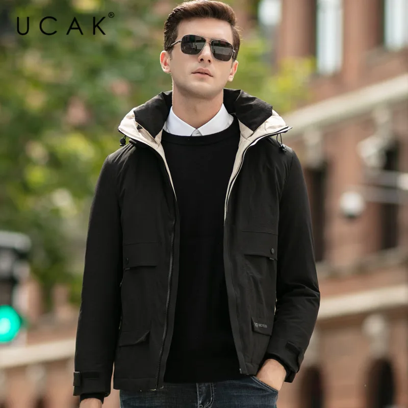 

UCAK Brand Grey Goose Down Jackets Male Fashion Stylish Pockets Hooded Modern Casual 2019 Winter Men Warm Clothing Jacket U8027